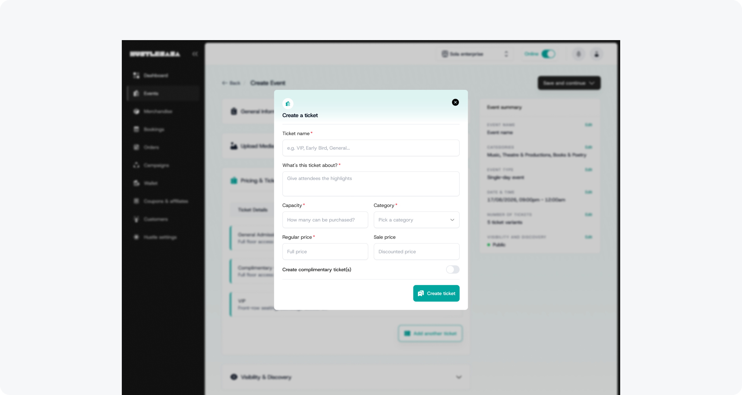Create a ticket modal (empty) with complimentary toggle off, opened during event creation